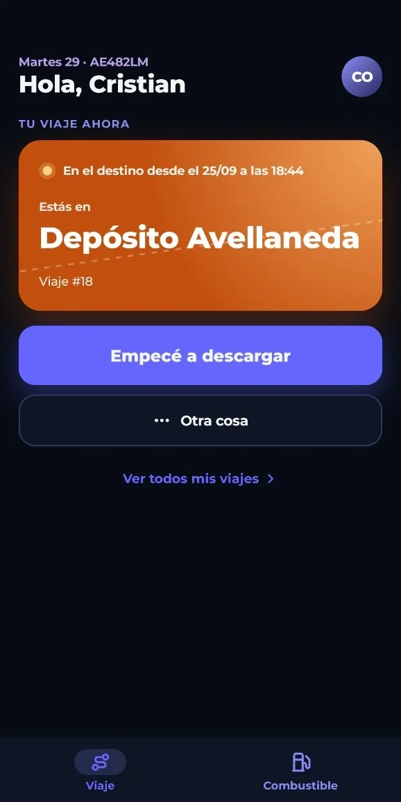 App de choferes de CoreUp mostrando el viaje en curso y el botón para avanzar de etapa