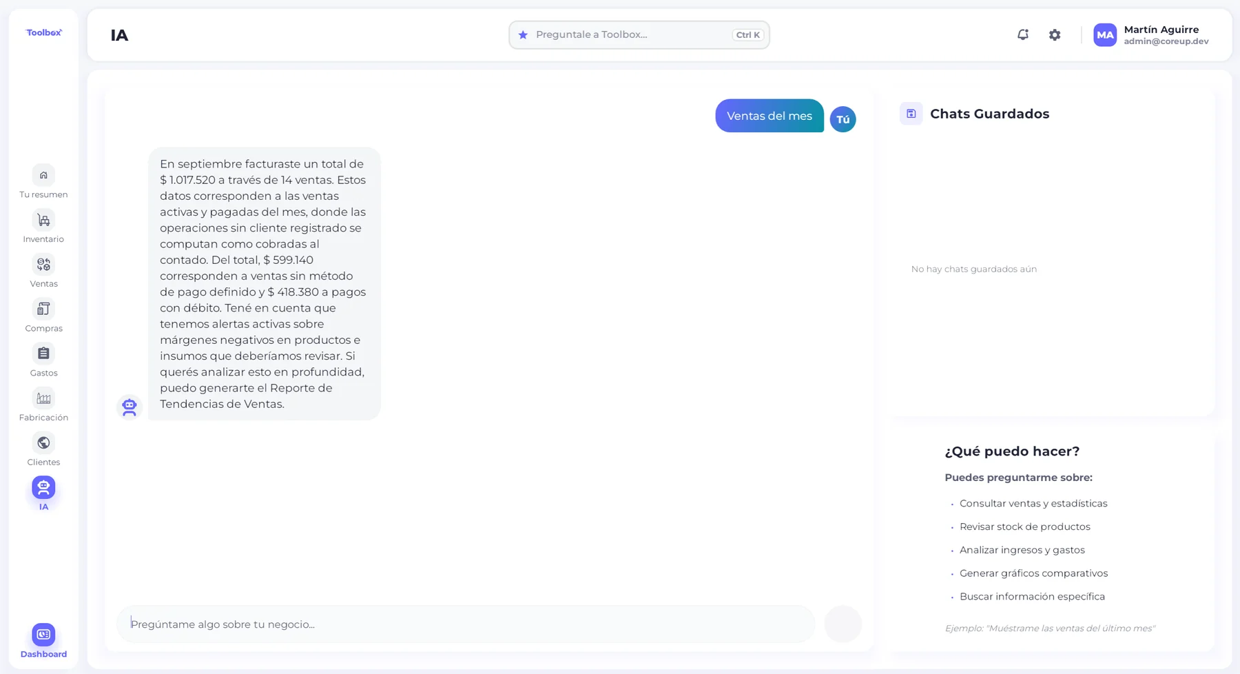 Asistente de IA de Toolbox respondiendo sobre las ventas del mes