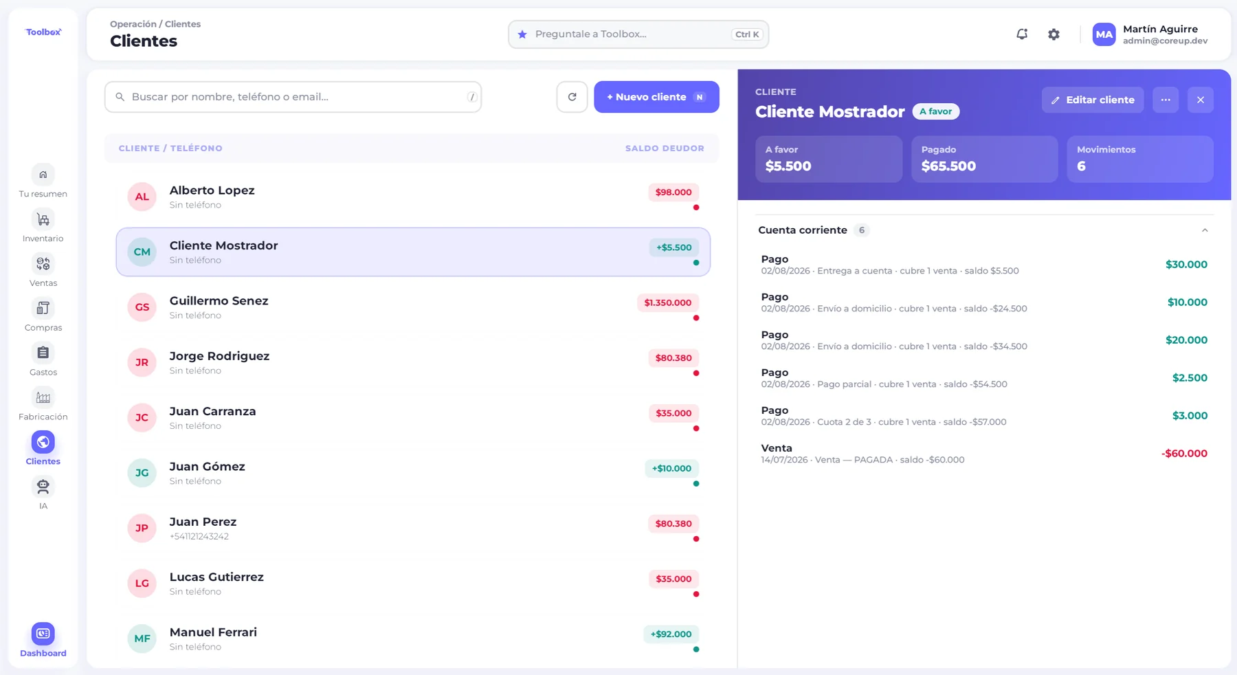 Cuenta corriente de un cliente en Toolbox, con sus pagos imputados